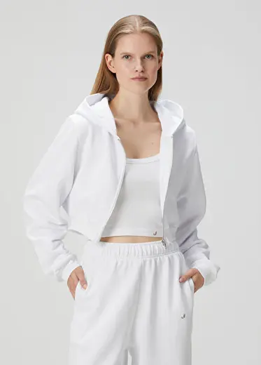 Aura Beyaz Fermuarlı Crop Hoodie