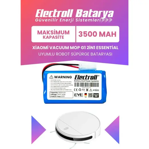 Electroll Xiaomi Vacuum Mop G1 2in1 Essential Batarya (Maksimum Kapasite) 3500 MAH Robot Süpürge Pili MJSTG1