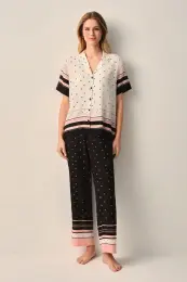 Siyah Desenli Monogram Gömlek Yaka Pijama Takımı 1