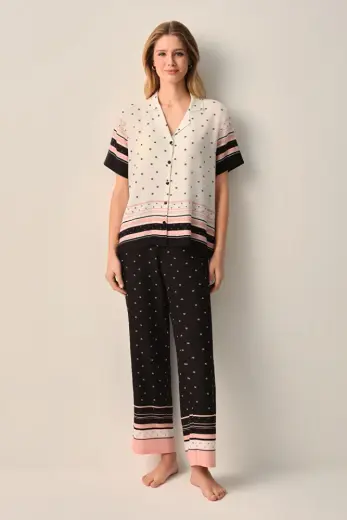 Siyah Desenli Monogram Gömlek Yaka Pijama Takımı