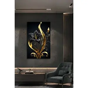 Mgi Design Modern Siyah Altın Çiçek Tasarımlı Temperli Cam Tablo Lüks Dekoratif Tablo | Çiçek Temalı Dekoratif Duvar Tablosu, Salon Ve Yatak Odası Dekoru, 72x46 cm