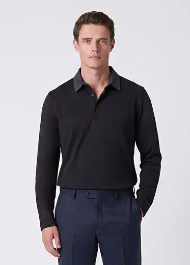 Siyah Kontrast Yaka Uzun Kol Polo T-shirt