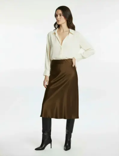 Koton X Melis Ağazat - Slim Fit Balık Kesim Midi Boy Saten Etek