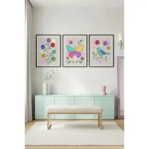 Tontilika Neşeli Pastel Doğal Çizimler 3’lü Ahşap Çerçeveli Tablo Seti 50 x 70 cm