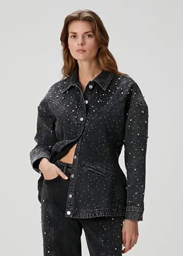 Shiri Gri Kristal Taşlı Denim Ceket