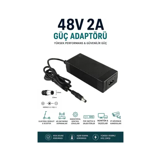 Bluesery 48V 2A Şarj Aleti Adaptörü 96W | Scooter, Bisiklet, Router, Kamera, LED Sistemleri, Yazıcı, Poe Ağ Sistemleri Uyumlu Adaptör
