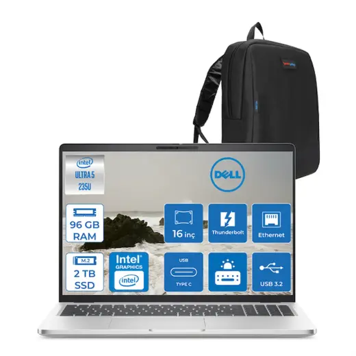 Dell Pro 16 Plus Ultra Core 5 235U 96GB Ddr5 2tb SSD Intel Graphics 16" Fhd+ 300NIT Windows 11 Pro Taşınabilir Bilgisayar U5235U165UH23 + Zettaçanta