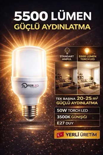50W LED Torch Ampul 3500K Günışığı E27 5500 Lümen A+ Enerji Tasarruflu