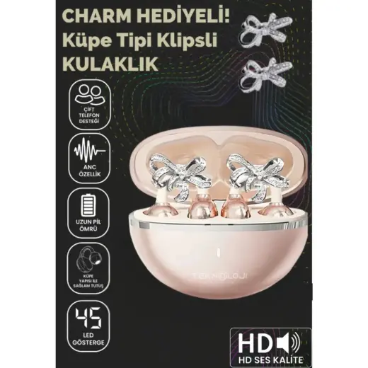 Teknoloji Gelsin Charmlı Klipsli Bluetooth Kulaklık Kablosuz Anc Enc Çift Mic. LED Gösterge Küpe Kulaklık
