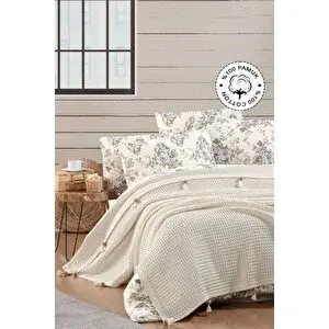 Vionel Home %100 Pamuklu Çift Kişilik Pike, Waffle Desen, Ponponlu Pike Krem