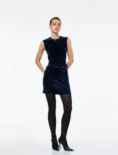 Kolsuz İşleme Detaylı Bisiklet Yaka Slim Fit Elbise