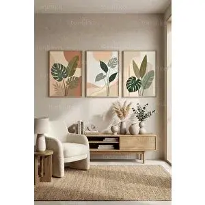Tontilika Modern Botanik Soyut Formlar 3’lü Ahşap Çerçeveli Tablo Seti 50 x 70 cm