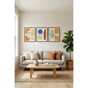 Tontilika Soyut Çizgi Sanatı İnsan Figürleri 3’lü Ahşap Çerçeveli Tablo Seti 21x30 cm