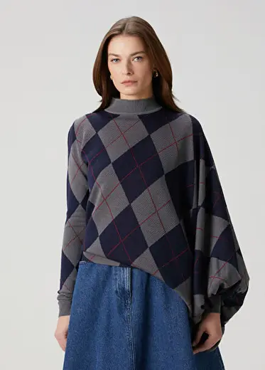 Argyle Gri Asimetrik Yün Triko