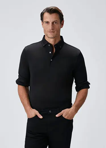 Siyah Uzun Kollu Polo T-shirt