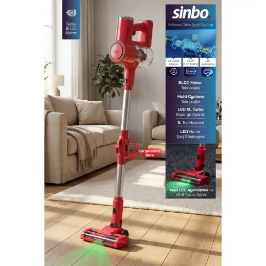 Sinbo SVC-8642 Kablosuz Dikey Şarjlı Süpürge 22.2V Bldc Motor LED Işıklı Turbo Başlık 1l Toz Hazneli