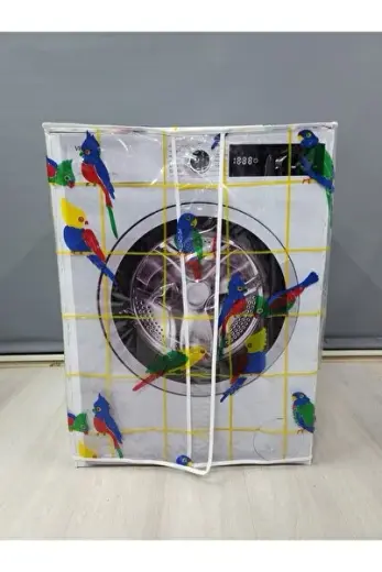 Papagan Desenli Çamaşır Makinesi Örtüsü - Su ve Toz Geçirmez Leke Tutmaz PVC Makine Koruyucu