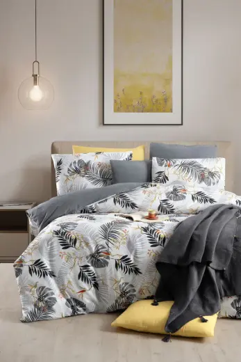 Mystory Home Lastikli Çarşaflı Çift Kişilik Nevresim Takımı Monstera Gri Gri