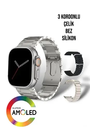 Hk 8 Akıllı Saat 49mm Amoled Pusula Nfc 3 Kordon( Metal - Plastik -bez ) Vidalı