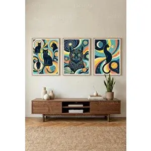 Tontilika Kozmik Kedili Modern Sanat 3’lü Ahşap Çerçeveli Tablo Seti 21x30 cm