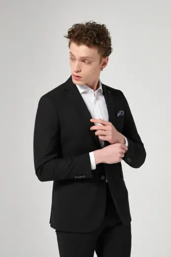 Tween Slim Fit Siyah Düz Yünlü Bi Stretch Takim Elbise