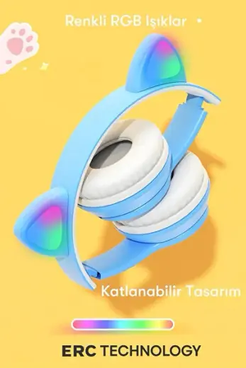 Işıklı Bluetooth Kablosuz Kedi Kulaklıklı Çocuk Kafa Üstü Kulaklık – P47 Model, Mikrofonlu