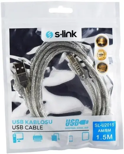 S-Link SL-U2015 Usb2.0 1.5m Şeffaf Yazıcı Kablosu, Şeffaf
