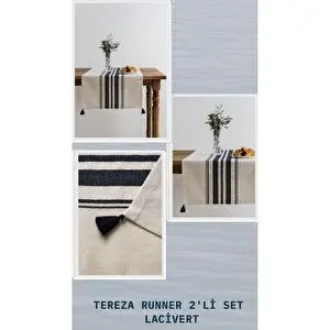 Denizli Concept Lacivert Çizgili Tereza Runner Seti - 2'li Bej Sofra Dekoru - Modern Ve Şık Masalar Için