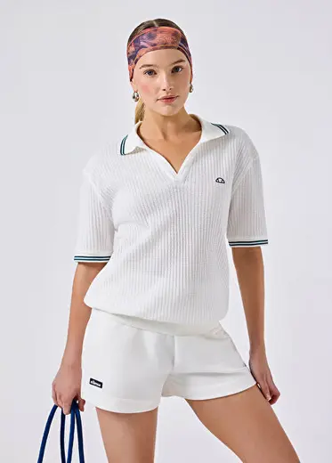 Kırık Beyaz Pamuklu Polo Yaka Kısa Kollu Kadın T-shirt 6SF5005-OF