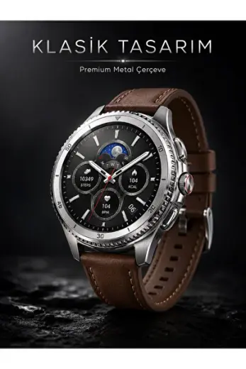 unar Chrono AMOLED Akıllı Saat Bluetooth Görüşme Premium Metal Kasa Deri Kordon Smart Watch