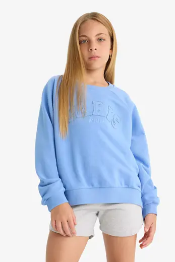 Oversize Geniş Kalıp Bisiklet Yaka Baskılı Sweatshirt Kız Çocuk