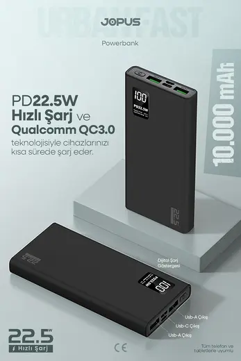 Jopus 17523 10000 mAh 22.5 W PD Dijital Ekranlı Powerbank