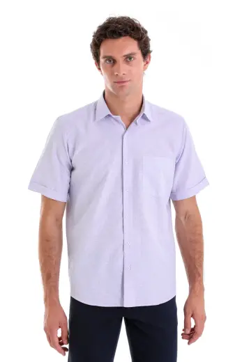 Lila Comfort Fit Kareli Pamuklu Slim Yaka Kısa Kollu Klasik Gömlek