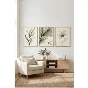 Tontilika Botanik Çizgiler 3’lü Ahşap Çerçeveli Tablo Seti 50 x 70 cm