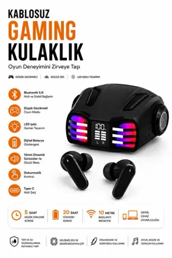 Kablosuz Oyuncu Kulaklık – Bluetooth 5.0 LED Işıklı Oyuncu Kulaklığı, Düşük Gecikmeli TWS Kulaklık, Dijital Göstergeli Şarj Kutusu, Dokunmatik Kontrol, Type-C Şarj, 13mm Stereo Bass Ses