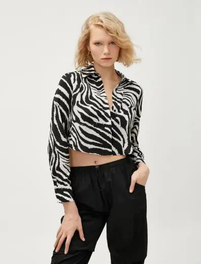 Zebra Desenli Saten Crop Gömlek Uzun Kollu