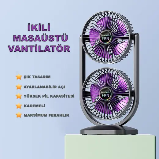 Robeve İkili Fan Vantilatör Şarjlı Masaüstü Vantilatör Fan - Yüksek Pil Kapasitesi - Güçlü Fan Motoru - Ayarlanabilir Başlık - Maksimum Serinlik