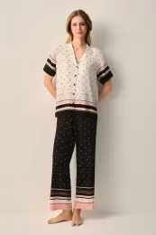Siyah Desenli Monogram Gömlek Yaka Pijama Takımı 3