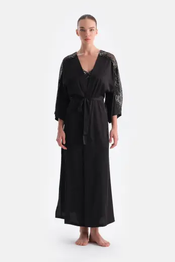 Siyah Dantel Detaylı Saten Bride Sabahlık