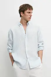 Regular fit çizgili %100 keten gömlek 3