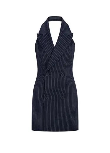 Samantha Deep Sea Blue White Çizgili Kruvaze Kolsuz Kadın Mini Elbise