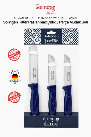 Solingen Ritter Mavi 3'lü Keskin Mutfak Bıçağı Seti - Paslanmaz Alman Çeliği