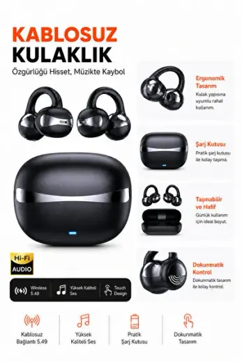 NE-9S Kulak Kancalı Kablosuz Bluetooth Kulaklık, Hi-Fi Audio Destekli Yüksek Ses Kaliteli Kulaklık, Dokunmatik Kontrollü, 5.49 Kablosuz Bağlantılı, Şarj Kutulu, Koyu Gri Bluetooth Headphones Modeli