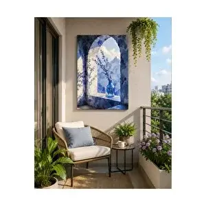 Mgi Design Mavi Çiçekler Ve Pencere Manzarası Kanvas Tablo Suluboya Doğa Temalı Duvar Dekorasyonu Tablo | Modern Duvar Dekoru | Salon, Yatak Odası Ve Ofis İçin | Sanatsal Ev Dekorasyonu 70x100 cm