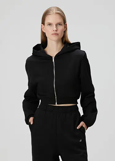 Aura Siyah Fermuarlı Crop Hoodie