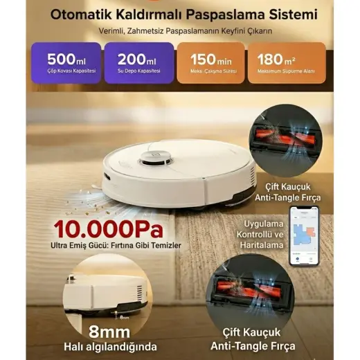Roborock Akıllı Robot Süpürge ve Paspas 10.000 Pa Güçlü Emiş 8 mm Otomatik Mop Kaldırma Engel Algılama ve Akıllı Haritalama Sistemi