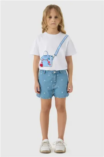 Tyess Kız Çocuk Denim Nakışlı Şort