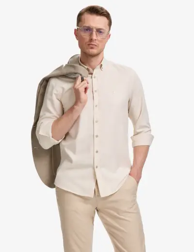 Bej Oxford Slim Fit Kolay Ütülenebilir Gömlek