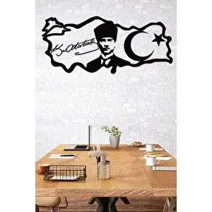 Gowpenart Atatürk Portreli İmzalı Türkiye Haritası Dekoratif Siyah Metal Duvar Ev & Ofis Tablosu