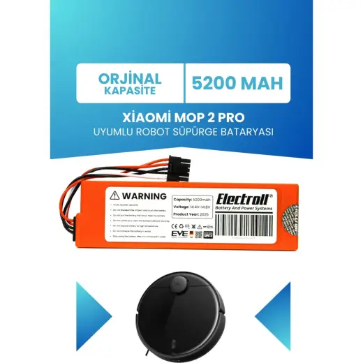 Electroll Xiaomi Mop 2 Pro Batarya Mjst1shw (ORJİNAL KAPASİTE) 5200 mah Robot Süpürge Batarya